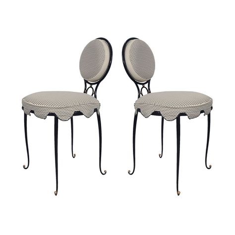 Rene Drouet Pair Iron Upholstered Chairs | CoolHouse Parisian Style Home, Black Metal Chairs, Garden Chairs Metal, Wrought Iron Chairs, Modern Side Chairs, Chairs For Small Spaces, High Back Dining Chairs, Iron Chair, White Upholstery