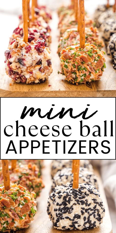 This Mini Cheese Ball Bites recipe is the perfect appetizer for cheese lovers! One basic cheese ball recipe made 3 ways: Cranberry & Pecan, Bacon & Ranch, and Honey Sesame. An easy make-ahead appetizer or snack recipe! Recipe from thebusybaker.ca! #cheeseball #cheeseballrecipe #appetizer #appetizerrecipe #holidayrecipe #holidaycheeseball #minicheeseballbites #minicheeseballs #cheeseappetizer #holidaypartyrecipe #snackrecipe via @busybakerblog Cheese Ball Recipes Turkey, Easy Cheese Balls 3 Ingredients, Simple Cheese Ball Recipes, Quick Easy Appetizers Finger Foods, Mini Cheese Ball Recipes, Cream Cheese Block Appetizer, Ball Food Ideas, Gluten Free Holiday Appetizers, Cheesy Balls