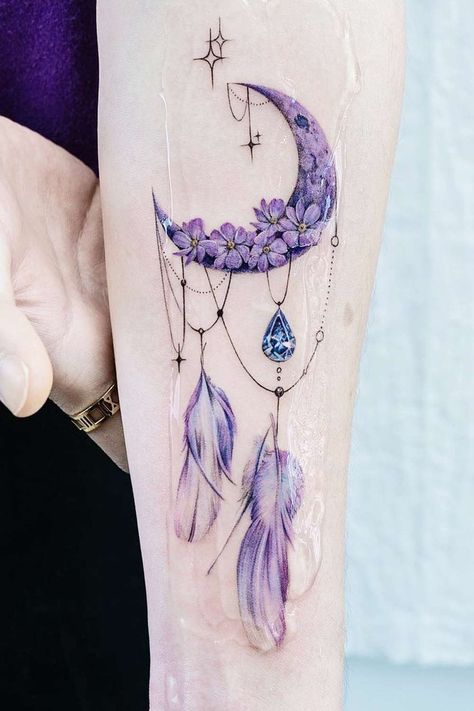 Dream Catcher Tattoo: Capture Your Dreams with Meaningful Ink Dream Catcher Tattoo Design Unique, Moon Dreamcatcher Tattoo, Moon Dream Catcher Tattoo, Dream Catcher Tat, Moon Tattoo Design, Moon Tattoo Ideas, Moon Dream Catcher, Tattoo Guide, Small Moon Tattoos