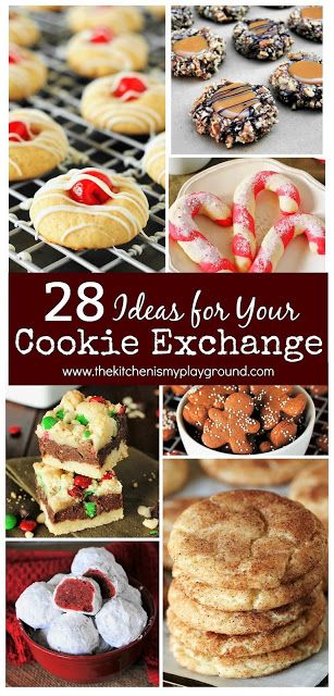 28 Cookie Exchange Ideas ~ These Christmas treats will be the hit of any get-together! Check out this collection of ideas for your cookie exchange to find so many beauties to share.  www.thekitchenismyplayground.com Cookie Exchange Recipes Easy, The Kitchen Is My Playground, Christmas Cookie Exchange Recipes, Amazing Cookie Recipes, Christmas Cookie Swap, Cookie Exchange Recipes, Favorite Christmas Recipes, Popular Cookies, Cookie Exchange Party