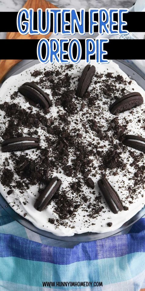 You only need 4 ingredients to make this easy gluten free dessert for a party! Grab some GF Oreos to whip up this no bake treat to serve at your next party or holiday dinner. It's perfect for a birthday celebration because it's made with a homemade crust and whipped cream filling. Gluten Free Dairy Free Dirt Cake, Gluten Free Dirt Cake, Gluten Free Desserts Easy Fast Simple, Gluten Free Oreo Pie, Gluten Free No Bake Pie, Gluten Free Oreo Dessert, Gluten Free Oreo Cake, Gluten Free No Bake Desserts, Gluten Free Oreo Cheesecake