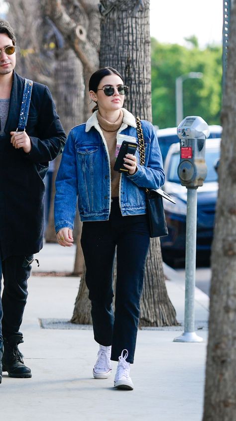 Lucy Hale Levi Sherpa Jacket and Converse Jean Fleece Jacket Outfit, Levis Denim Sherpa Jacket Outfit, Denim Jacket With Sherpa, Jacket Jeans Winter Outfit, Levis Winter Jacket, Levi’s Sherpa Jacket, Jean Jacket With Sherpa Outfit, Styling Jean Jacket Winter, Levis Sherpa Jean Jacket