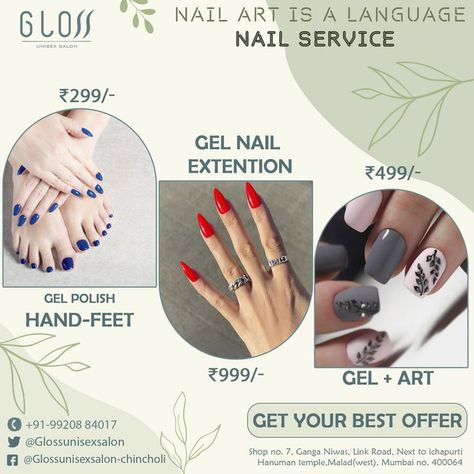 Special Offer For Your Nails. Get Gel Polish Service At Just @ 299 /- #reopenyourself Book Your Appointment Now. - Gloss Unisex Salon Provides You a Better Quality of Product & Services. - Now get the best of expert under one roof @glossunisexsalon19 - All you have to do is book your appointment with Gloss Unisex Salon on Call +91 9920884017 #nails #gailpolish #nailart #beauty #hairs #gloss #glossunisexsalon19 #glossunisexsalon #nailspaints #bridalmakeup #prebridal #skincare #hairstyle Offer Poster, Pre Bridal, Nail Design Video, Nail Salon Design, Nail Prices, Beauty Nails Design, Art Promotion, Phone Wallpaper Quotes, Bridal Makeup Looks