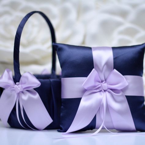 New Navy Blue and Violet Flower Girl Basket and Ring Bearer Pillow Set 💜 Navy And Violet Wedding, Violet And Navy Blue Wedding, Navy And Lilac Wedding Decor, Navy Blue And Lavender Wedding Decor, Lavender And Navy Wedding Decorations, Lilac And Navy Blue Wedding, Plum Lavender And Navy Wedding, Lavender And Navy Blue Wedding, Navy Blue And Lavender Wedding