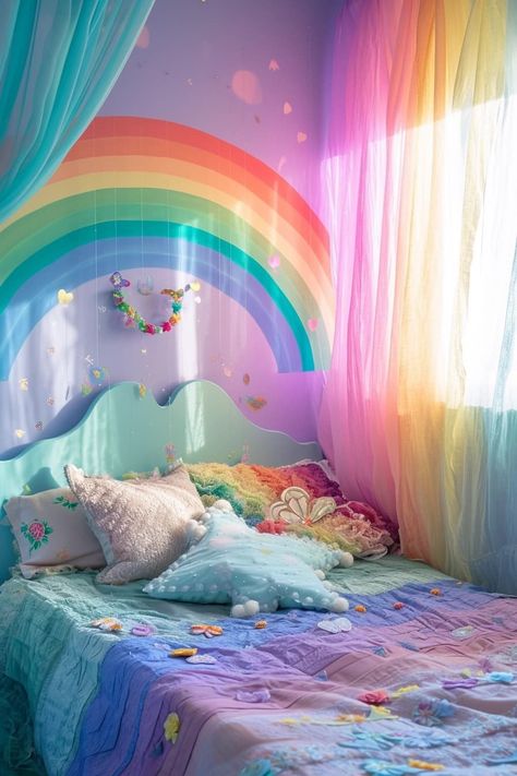 25 Magical Fairy Bedroom Ideas for a Touch of Whimsy Pastel Rainbow Bedroom Ideas, Unicorn Bedroom Bunkbeds, Rainbow Bedroom Ideas, Girls Rainbow Bedroom Ideas, Princess Bedroom Ideas, Rainbows And Unicorns Bedroom, Rainbow Room Kids Girl Bedrooms Bunk Bed, Rainbow Room Kids Girl Bedrooms, Rainbow Bedroom Ideas Kids