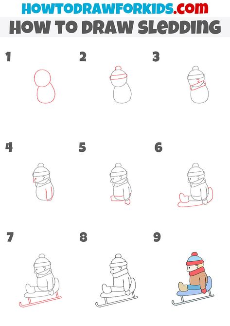 how to draw sledding step by step Sled Drawing, Easy People Drawings, Sleds For Kids, Yule Tide, Snoopy Drawing, Easy Christmas Drawings, Winter Paintings, Sled Ride, Winter Drawings