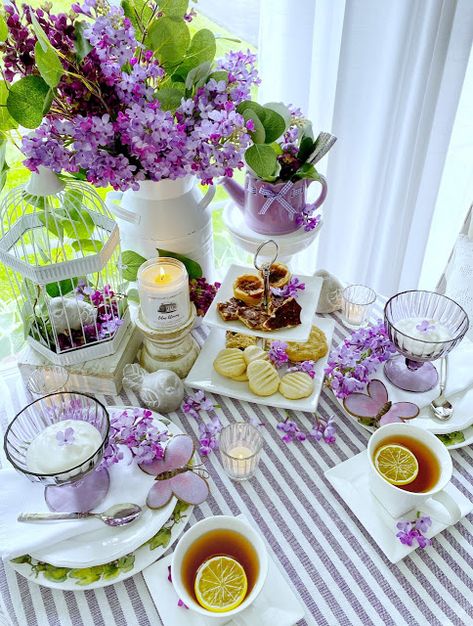 Dining Delight: Lilacs and Butterflies Tea Party for Two Tea Party For Two, Tea Party Tablescape, Butterfly Tea Party, Tea Party Centerpieces, Adult Tea Party, Afternoon Tea Tables, Spring Tea Party, Butterfly Tea, Tea Party Table