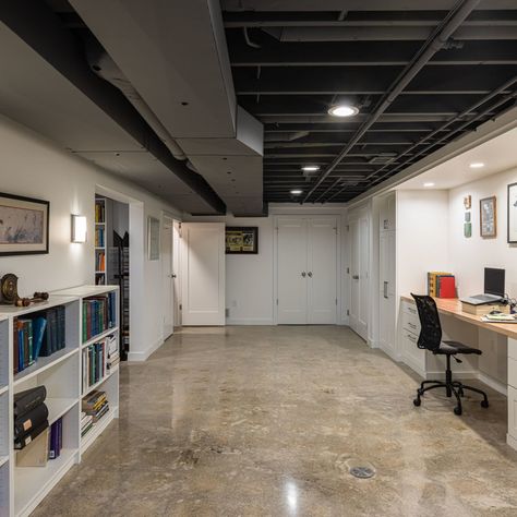 75 Exposed Beam Basement Ideas You'll Love - November, 2023 | Houzz Polished Concrete Basement, Underground Basement, Basement Industrial, Unfinished Basement Ceiling, Exposed Basement Ceiling, Basement Ceiling Painted, Transitional Basement, Concrete Basement Floors, Basement Floors