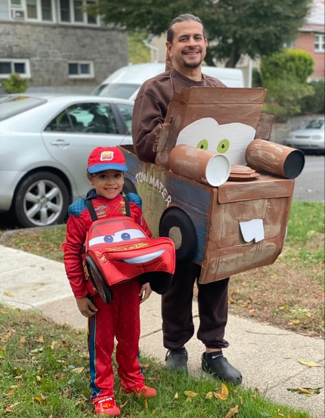 Mater Diy Costume, Diy Mater Costume, Lightening Mcqueen And Mater Costume, Cars Costume Family, Family Cars Costume, Disney Cars Family Costume, Tow Mater And Lightning Mcqueen Costume, Diy Lightning Mcqueen Costume, Disney Cars Costumes