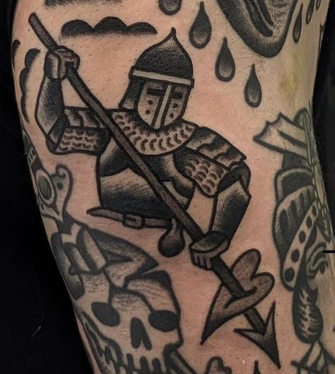 Traditional Sports Tattoo, Historical Tattoos For Men, American Traditional Knight Tattoo, Knight Tattoo Traditional, Knight Traditional Tattoo, American Traditional Gothic Tattoos, Traditional Medieval Tattoo, Gothic Tattoo Ideas For Men, Knee Tattoo American Traditional