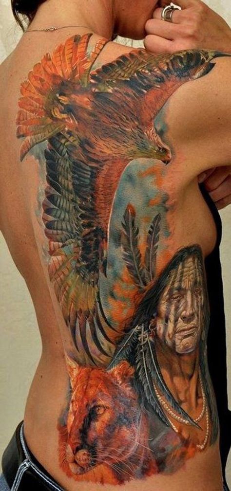 Native American inspired eagle tattoo – one of the most powerful bird considered by native Indians. The coloful back tattoo with tiger represents strength, power and protection for the wearer. Native American Tattoo Designs, Hawk Tattoo, American Indian Tattoos, Native American Tattoo, Native American Tattoos, Native Tattoos, Worlds Best Tattoos, Eagle Tattoos, Geniale Tattoos