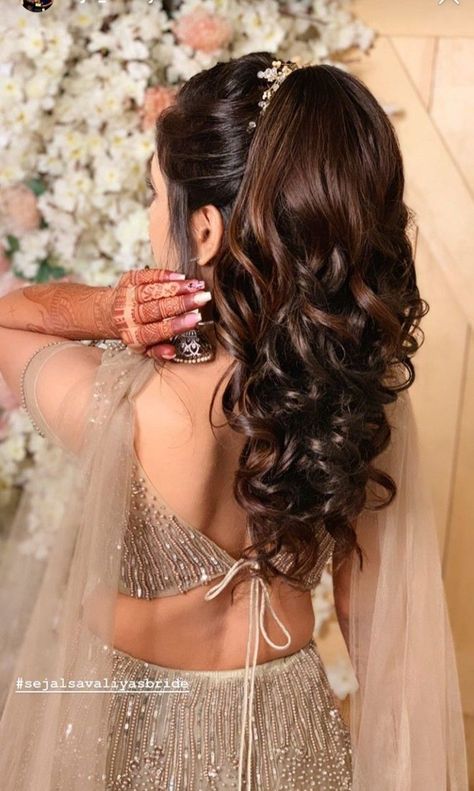 Unique Trending hairstyle ideas|hairstyles for school Reception Hair Ponytail, Traditional Hairstyles For Curly Hair, Hairstyles For Long Gown Indian, Hari Stayls Wedding, Poni Hairstyle For Wedding, Bridal Reception Hairstyle For Gown, Sangeet Hairstyles For Bride Long Hair, Wedding Party Ponytail, Sangeet Pony Hairstyle