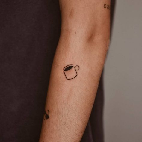 Small Cup Of Coffee Tattoo, Simple Food Tattoo, Tiny Mug Tattoo, Vietnamese Coffee Tattoo, Cup Of Coffee Tattoo Minimalist, Coffee Tattoo Ideas Minimalist, Simple Coffee Tattoo, Fine Line Coffee Tattoo, Coffee Inspired Tattoos