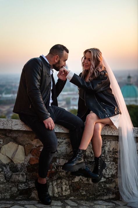 Edgy Boho Wedding Dress, Biker Wedding Dress, Rocker Wedding, Black Leather Jackets, Courthouse Wedding Photos, Rock N Roll Wedding, Wedding Blessing, Rock Wedding, Goth Wedding