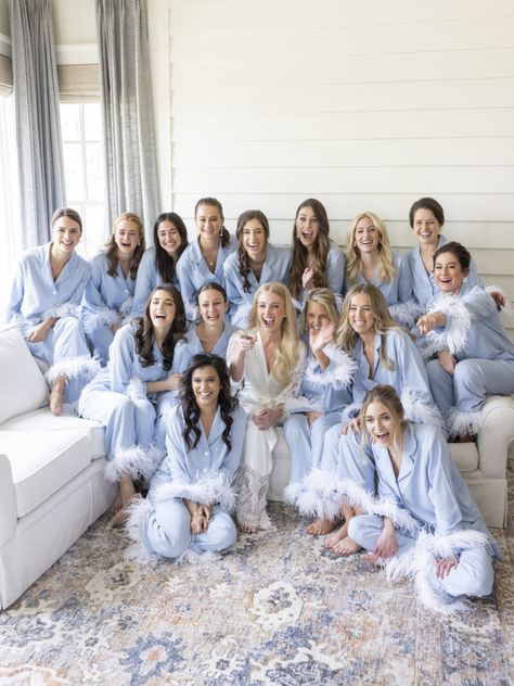 A Spring Wedding Weekend with Irish Touches in the Lowcountry - Over The Moon Blue Getting Ready Outfits, Unique Wedding Getting Ready Outfits, Something Blue Bridesmaids, Wedding Morning Outfit, Wedding Getting Ready Outfit, Bridesmaid Getting Ready Outfit, Pj Robe, Bachelorette Robes, Bridesmaid Squad