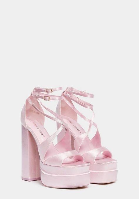 Stylish Heels Fashion, Pink Satin Platform Heels, Cute Pink Heels Aesthetic, Cute Pink Aesthetics, Fancy Platform Heels, Heels Pink Aesthetic, Pink Thick Heels, Pink Cute Heels, Dolls Kill Shoes Platform