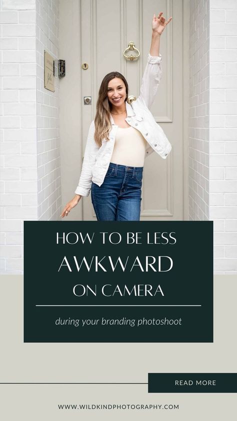 A smiling woman in casual clothing poses confidently in front of a white door. Text reads: "How to be Less Awkward on Camera during your branding photoshoot." Captured by Wild Kind Photography, your go-to UK branding photographer. How To Look Good In Pictures, Be More Photogenic, Bright Lipstick, Be More Confident, Flattering Outfits, Grow Your Instagram, When You Smile, Be Confident, Best Photo Poses