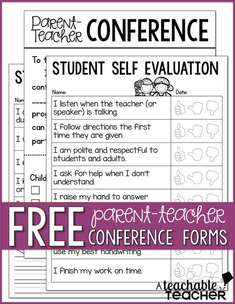 Parent-Teacher Conference Forms Freebie Conference Tips, Student Self Evaluation, Parent Teacher Conference Forms, Parent Teacher Conference, Conference Forms, Planning School, Parent Teacher Communication, Teacher Conferences, Parent Teacher Conferences