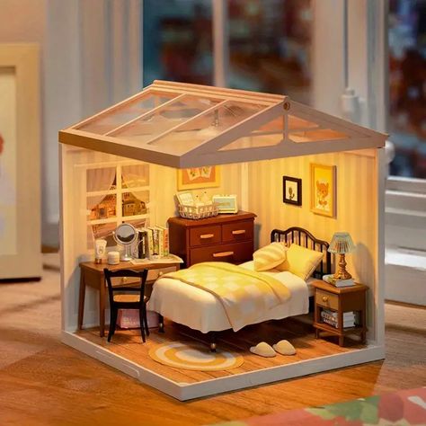 Super Store Series Plastic 3d Puzzle Diy Miniature Dollhouse - Temu Bedroom Miniature, Diy Miniature House, Bedroom Scene, Diy Xmas Gifts, Style Bed, Small Mirror, Peaceful Sleep, Dollhouse Kits, Home Catalogue