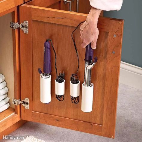 PVC Curling Iron Holsters Bathroom Storage Hacks, Pvc Projects, Bathroom Storage Solutions, Pvc Pipes, Organisation Hacks, Vertical Storage, Storage Hacks, Pvc Pipe, Curling Iron