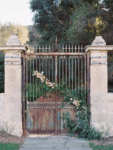 Romantic Tuscan Wedding Inspiration with Spring Florals | Southern California Wedding Inspiration | Gallery | Item 51 French Gates Entrance, French Gates, Ceremony Arch Decor, Ceremony Entrance, Wedding Walkway, Ethereal Garden, Country Club Style, Metal Garden Gates, Forest Backdrops