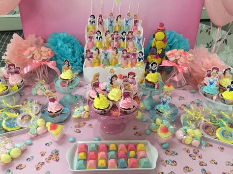 Disney princess dessert table Princess Birthday Party Dessert Table, Sweet Corner Birthday Dessert Tables, Disney Princess Dessert Table, Princess Dessert Table, Disney Candy, Dessert Table Birthday, Disney Desserts, Sweet Corner, Birthday Dessert