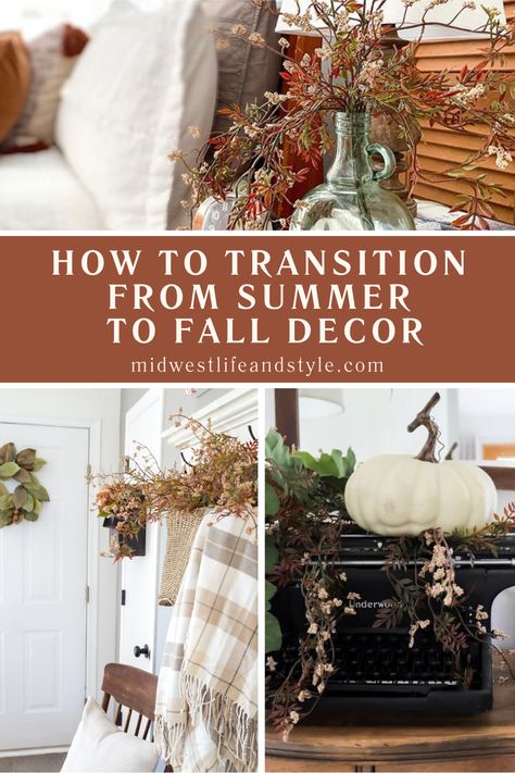 Get your home ready for the season with these 7 simple ways to transition from summer to fall decor. Fall Decorating 2024, Early Fall Decor Late Summer, Guest Room Essentials Baskets, Fall Decor Ideas For The Home Farmhouse, Simple Fall Decor Ideas For The Home, Summer To Fall Decor, Early Fall Decorating, Early Fall Decor, Summer To Autumn