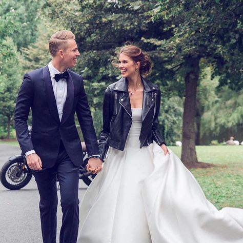 Bride wearing Ines Di Santo gown & black leather jacket Dress And Leather Jacket Outfit, Leather Jacket Wedding Dress, Dress And Leather Jacket, Womens Leather Jacket, Biker Wedding, Classic Brides, Lambskin Leather Jacket, Bridal Shoot, Bride Wear