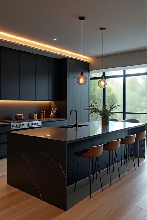 Modern open kitchen with pendant lighting and dramatic island Kitchen With High Ceilings Layout, Industrial Loft Kitchen Open Concept, Penthouse Kitchen Aesthetic, Penthouse Kitchen Modern, Modern Kitchen Design Luxury Black And Gold, Cute Kitchen Aesthetic, Modern Luxury Kitchen 2024, Loft Kitchen Design, Big Kitchen Design