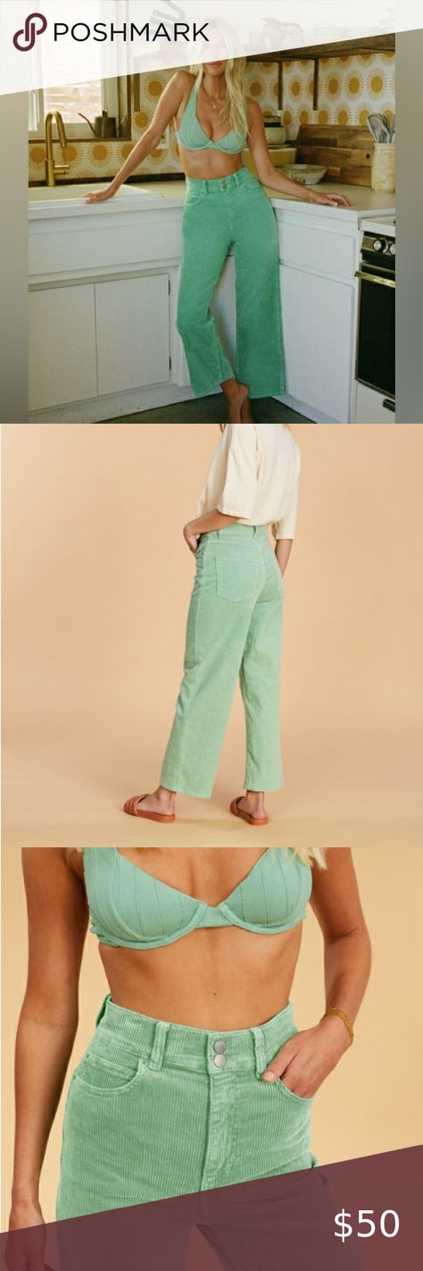 Billabong x The Salty Blonde Chill Out High Waisted Corduroy Pants Green The Salty Blonde, Billabong Pants, Salty Blonde, Pants Green, White Mark, Corduroy Pants, Metal Buttons, Billabong, Right Side