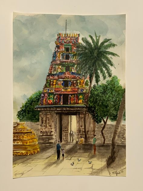 Tamil Traditional Art, Hindu Temple Painting, Temple Illustration Indian, Indian Temple Illustration, Indian Temple Drawing, Gopuram Painting, Temple Painting Indian, India Painting Ideas, Temple Watercolor Paintings