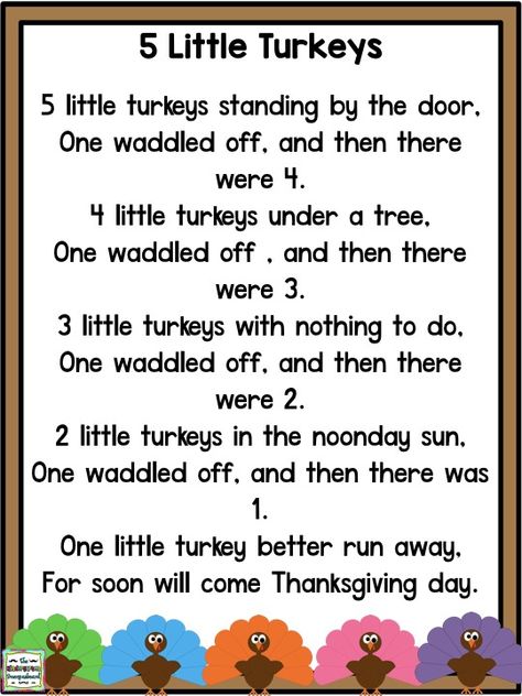 Turkeys, Subtraction And Veteran's Day: Schedulin' Sunday | The Kindergarten Smorgasboard Fall Poems For Kindergarten, 5 Little Turkeys Poem, Thanksgiving Fingerplays For Preschoolers, November Fingerplays, 5 Little Turkeys Song, Turkeys Preschool Activities, Thanksgiving Poems For Preschoolers, Turkey Fingerplays, Turkey Prek Activities