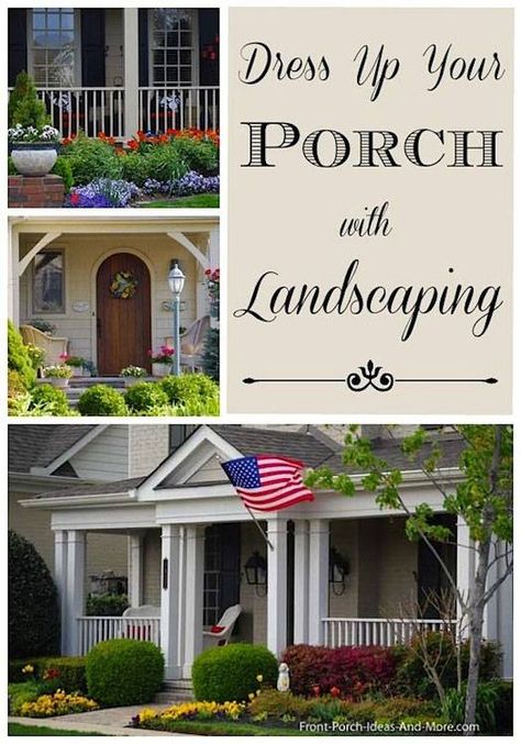 collage of landscaping pictures for around a porch Front Porch Landscape, Front Landscape, Landscaping Around House, Porch Landscaping, Uk Landscapes, Walkway Landscaping, Black Thumb, Front Walkway, Driveway Landscaping