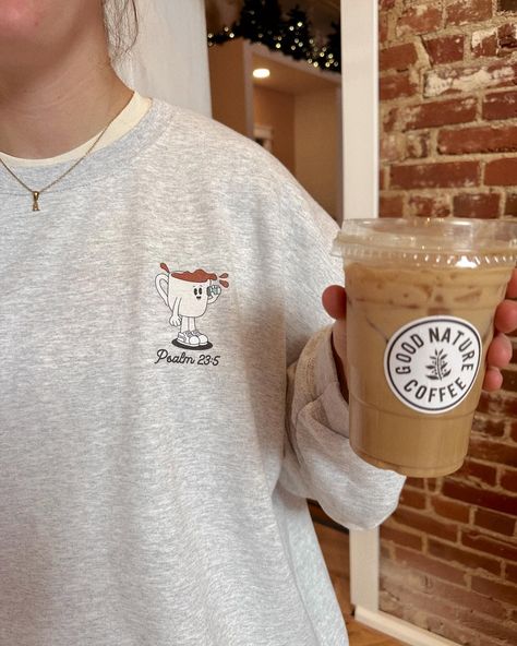 When your sis makes you a coffee AND reps your new coffee crew neck >> ☺️🫶🏻💖 the perfect combo!! 🔗 in bio to shop this design as a tee, crew neck, or sticker! #coffeecrew #jesusloves #coffee #crewneck #christianapparel #psalm23 #cuprunnethover Christian Coffee Shop Aesthetic, Coffee Shop Merch, Christian Coffee Shop, Cafe Merch, Coffee Crewneck, Coffee Merch, Coffee And Dogs, Jesus Coffee, Coffee Shop Aesthetic