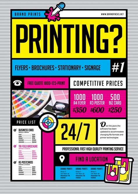 Print Advertisement Design, Printing Business Logo, Printing Business Ideas, Print Shop Branding, Shop Flyer Design, Print Shop Logo, Photoshop Templates Free, Business Flyer Design, Invitation Poster