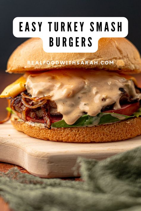 Bacon Turkey Burgers, Smash Burger Turkey Burger, Best Turkey Burger Recipe Homemade, Thanksgiving Turkey Burger, Best Turkey Burgers Ever, Blackstone Ground Turkey Recipes, Turkey Burger Patty Recipe, Frozen Turkey Burger Recipes, Turkey Burger Toppings Ideas