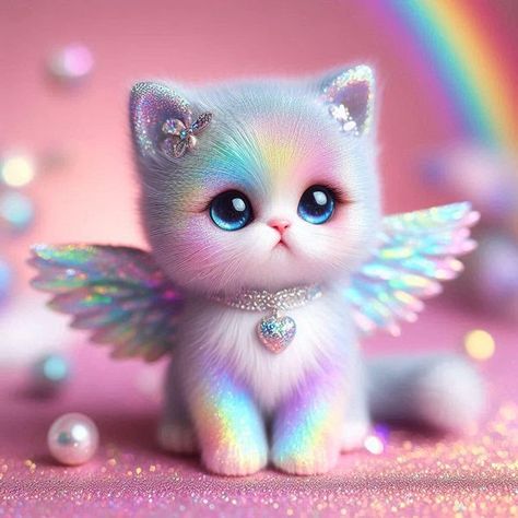 Rainbow Cat Drawing, Rainbow Cat Wallpaper, Beautiful Summer Wallpaper, Anime Picture Hd, Cute Small Animals, Anime Jewelry, Gemstone Art, Cute Themes, Cute Fantasy Creatures