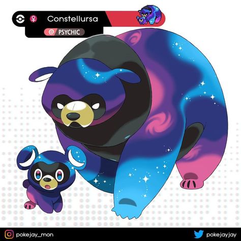 Pokejayjay on Instagram: “Day 10: Constellation 🐻✨🌌 Constellursa often comes from the cosmos. It was first seen by an astronomer centuries ago. Legend say they were…” Pokemon Rpg, Lucario Pokemon, Pokemon Fakemon, Pokemon Fake, Pokemon Fusion Art, Mega Pokemon, Pokemon Breeds, Oc Pokemon, Pokemon Alola