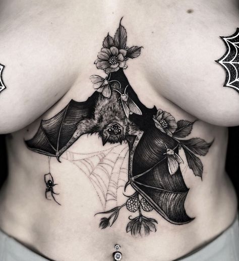 Bats Tattoo Design, Underboob Tattoo Designs, Underboob Tattoo, Bat Tattoo, Wicked Tattoos, Spooky Tattoos, Gothic Tattoo, Stomach Tattoos, Sternum Tattoo