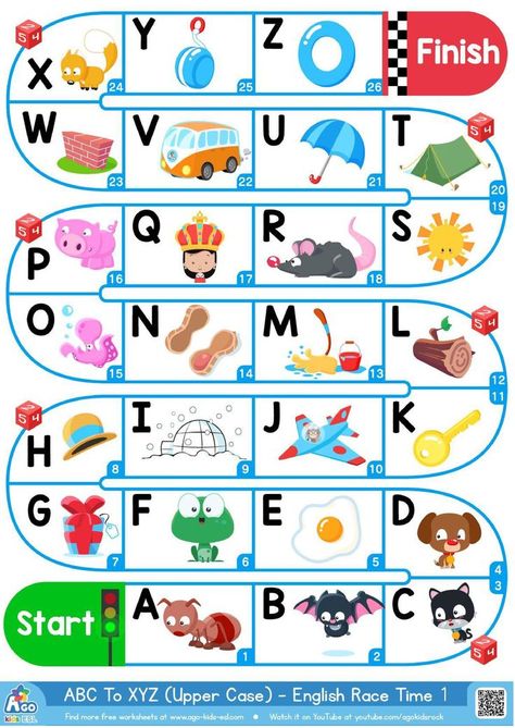 This a fun and simple game like Snakes and Ladders for students to play with young ESL students to practice upper case letters of the alphabet. Alphabet Games For Kindergarten, Letter Games For Kids, Esl Board Games, Upper Case Alphabet, Esl Kids, Alphabet Board, Abc Worksheets, Abc Games, Letter Games