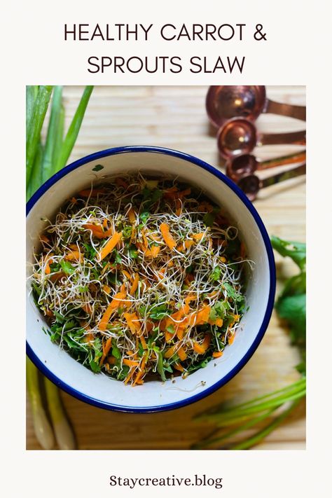 This healthy slaw uses carrot, alfalfa sprouts, green onions, cilantro and absolutely NO mayo! I love the freshness and bursts of flavor that comes from such a simple side dish! #salad #saladdressingrecipes #slaw #healthyrecipe #healthyfood Salad With Alfalfa Sprouts, Alfalfa Sprouts Salad, Slaw No Mayo, Alfalfa Sprouts Recipes, Healthy Slaw, Side Dish Salad, Sprouts Recipes, Stay Creative, Alfalfa Sprouts