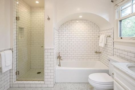 Tub With Arch, Arched Tub Alcove, Bathtub Archway, Arched Bathtub Alcove, Bath Alcove, Bathtub Alcove, Alcove Tub, Bungalow Bathroom, Built In Bathtub