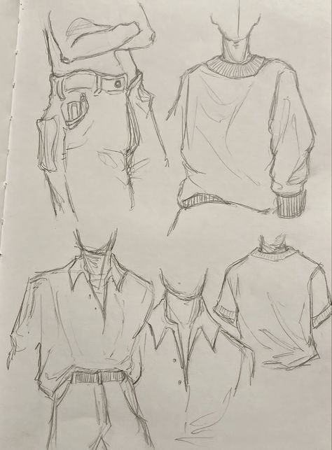 Anime Sweater Outfit Drawing, Drawing Clothes Outfits Sketch Tutorial, Clothes Practice Drawing, Clothes Anatomy Drawing, Men Outfit Sketch Drawing, Drawing Body Tutorial Men, Quick Anatomy Sketch, Simple Body Anatomy, Drawing Clothes Outfits Sketch Male