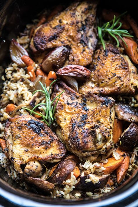 Slow Cooker Herbed Chicken and Rice Pilaf | halfbakedharvest.com #slowcooker #easyrecipes #chicken #wildrice #healthy #fallrecipes Bone In Chicken Slow Cooker Recipes, Unique Slow Cooker Recipes, Slow Cooker Chicken Breast Recipes, Chicken And Rice Pilaf, Fmd Diet, Herbed Chicken, Slow Cooker Chicken Thighs, Pilaf Recipes, Bone In Chicken