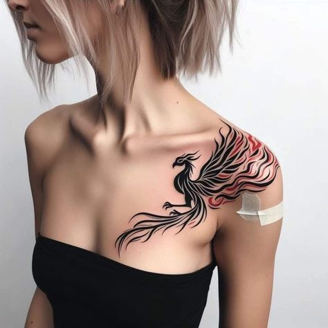 Phoenix Tattoo Collar Bone, Phoenix Tattoo Chest Woman, Phoenix Tattoo Chest, Phoenix Tattoo Feminine Arm, Phoenix Shoulder Tattoo, Pheonix Tattoo For Women, Tattoo Chest And Shoulder, Phoenix Tattoo Ideas, Tato Phoenix