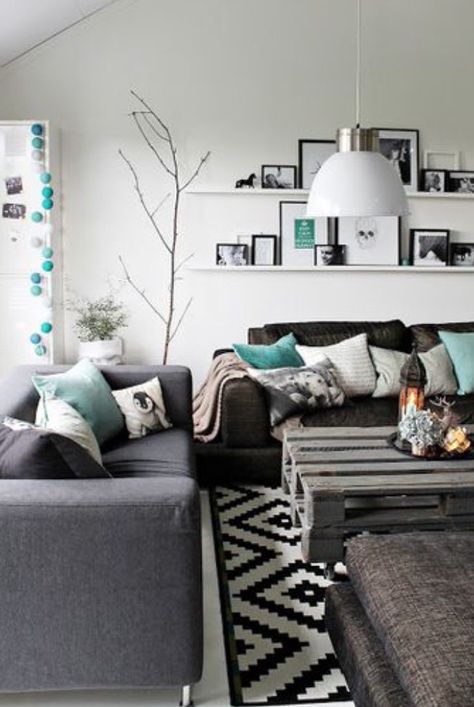 white black gray turquoise // simple modern minimal boho rustic 아파트 인테리어, Lodge Decor, Lounge Decor, Design Del Prodotto, Beautiful Living Rooms, Living Room Grey, A Living Room, Lounge Room, Design Living