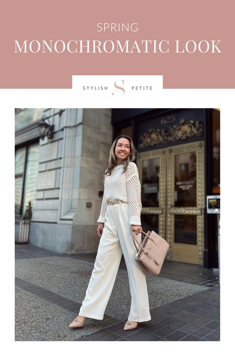 A lady wearing white trousers and a white crochet long sleeve shirt standing in front of a building White Monochromatic Outfit, Mai Thai, Stylish Petite, Outfits Dressy, Monochromatic Outfit, White Trousers, Mommy And Me Outfits, Outfits Spring, Neutral Outfit