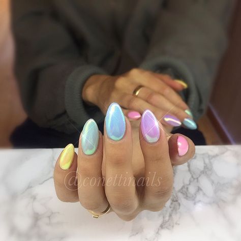 Chrome Easter Nails Designs, Blue And Yellow Chrome Nails, Pastel Easter Nails Chrome, Pastel Nails With Chrome, Pastel Crome Nails, Pastel Chrome Nails Designs, Pastel Glazed Nails, Chrome Nails Different Colors, Chrome Nails Pastel