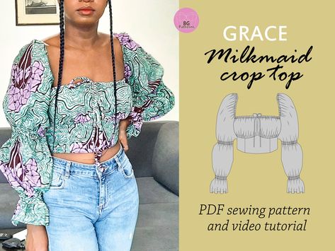 Milkmaid puff sleeves crop top sewing PDF pattern by BGPatterns on Etsy Crop Top Sewing, Milkmaid Crop Top, Sewing Pdf Pattern, Puff Sleeves Dress, Milkmaid Top, Trendy Jumpsuit, African Inspired Clothing, Top Sewing, Top Video