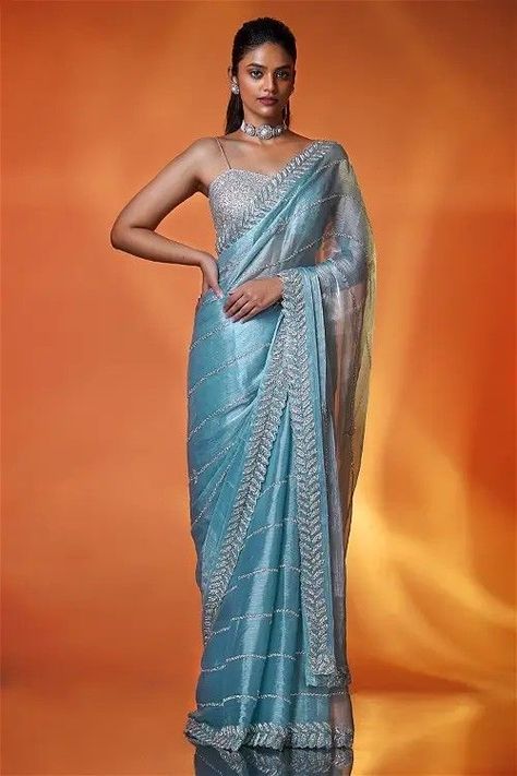 New Fancy Sarees, Saree For Wedding Party, Designer Saree For Wedding, Worked Saree, Saree For Wedding, Blouse Sari, Saree Wearing Styles, Indian Bridal Sarees, Blue Organza